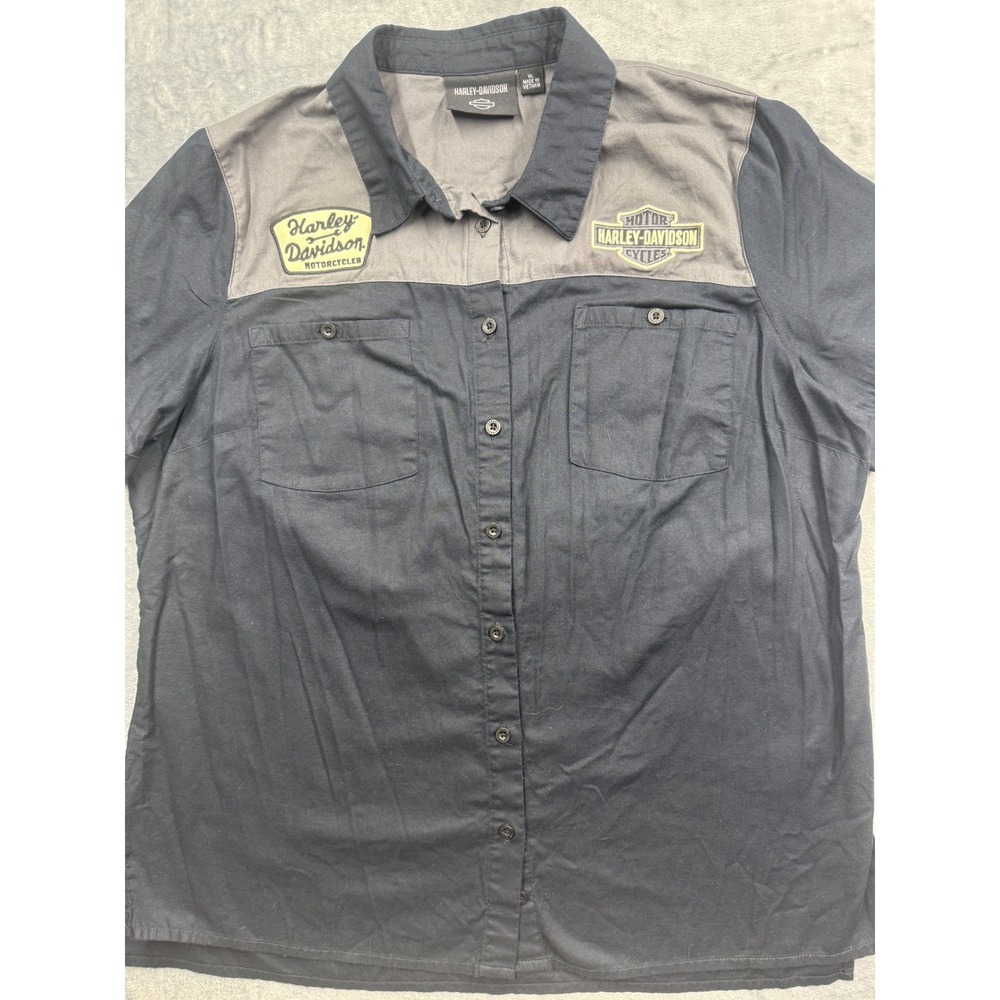 Harley Davidson Shirt women Button Up Two Tone Black Grey Embroidered Patches XL - Picture 4 of 9